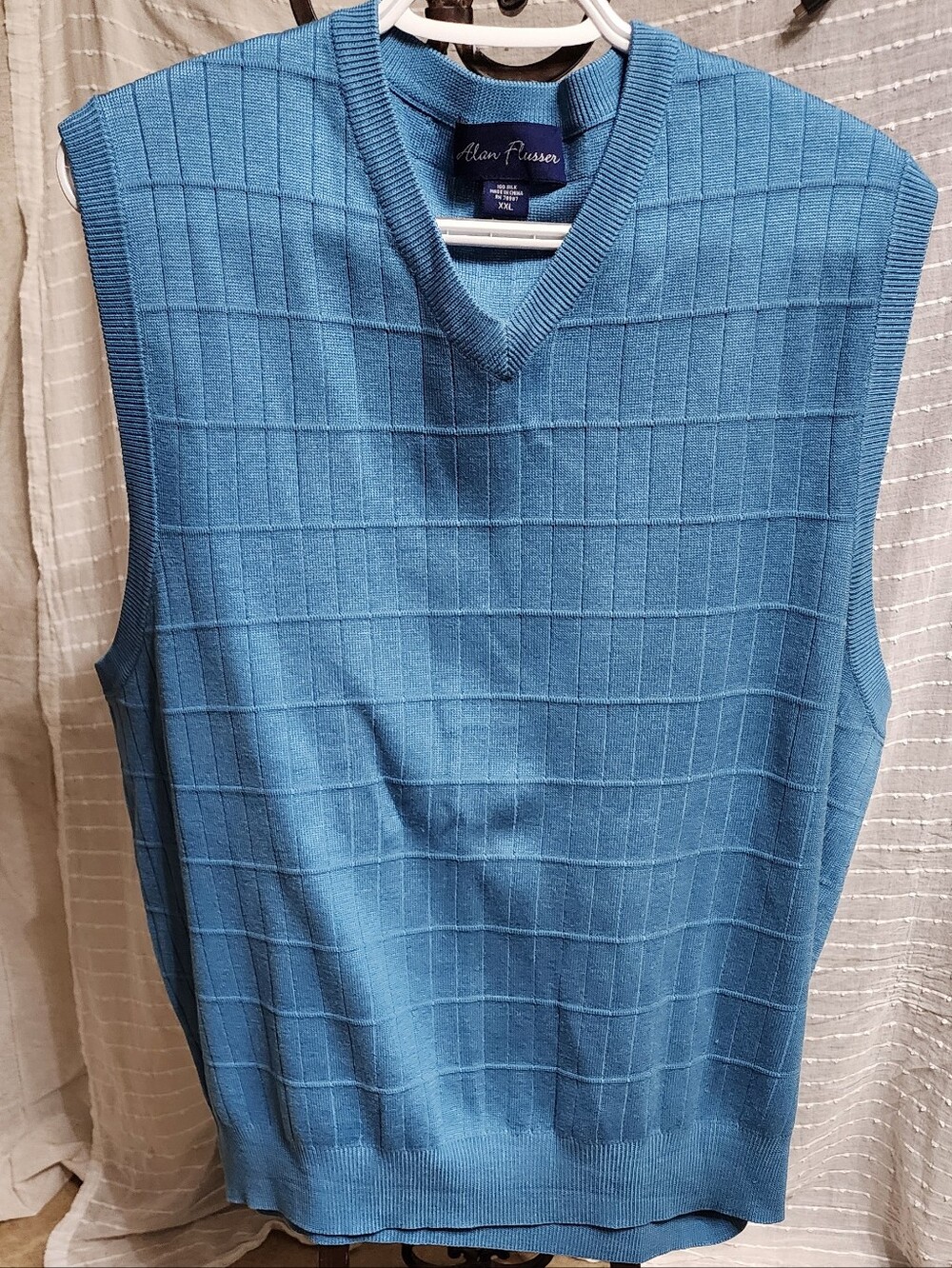 Alan Flusser Blue Silk V-Neck Sweater Vest Windowpane XXL
